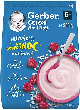 Gerber Cereal Mliečna KAŠA Dobrú noc Malinová; (od ukonč. 6. mesiaca)